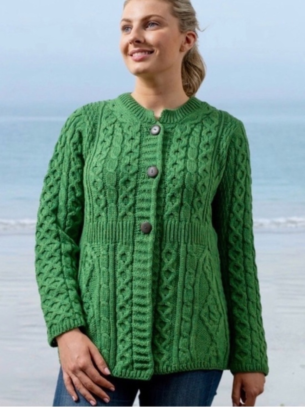 Kilronan Knitwear- Green Cable-Knit Button Cardigan- 100% Merino Wool (S)